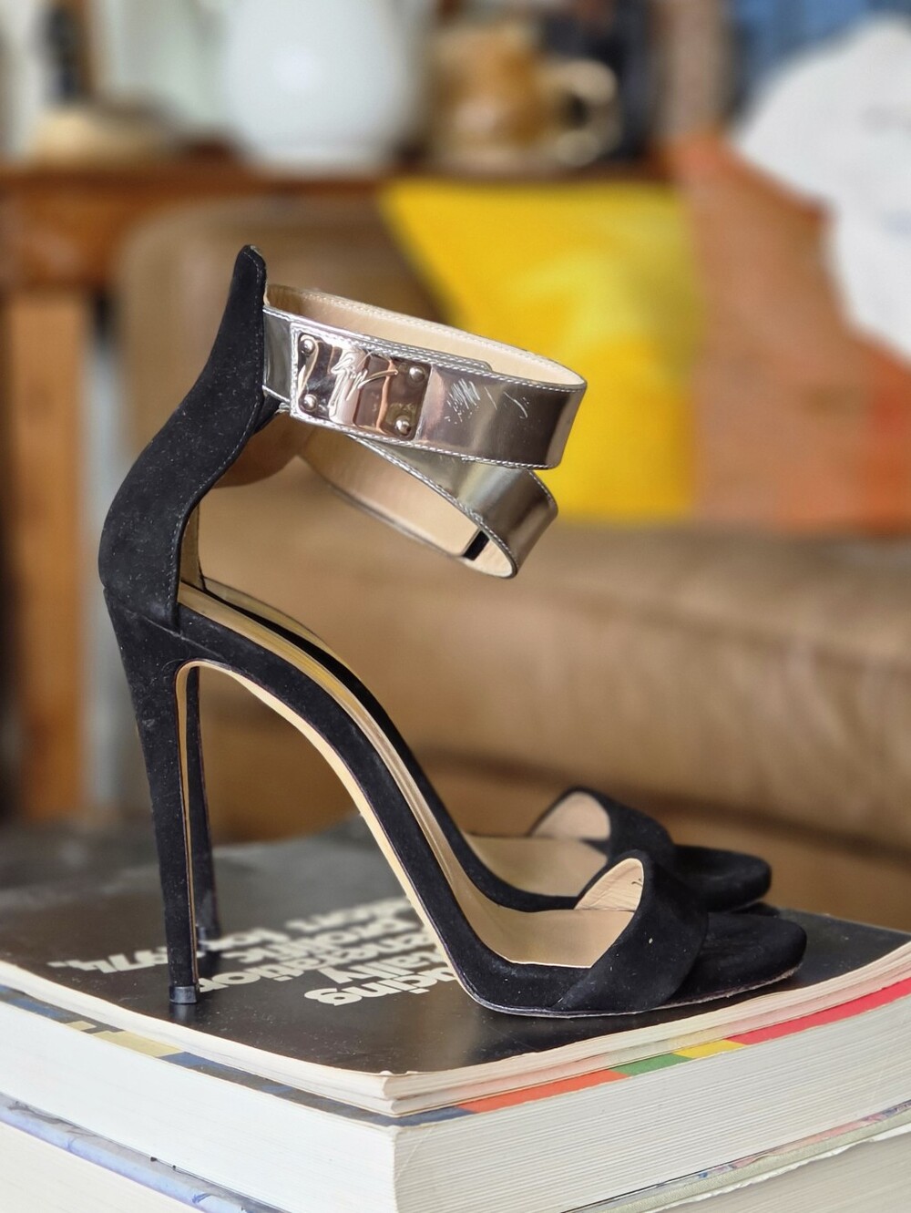 Giuseppe Zanotti Black Suede Stiletto Sandals with Metallic Ankle Strap